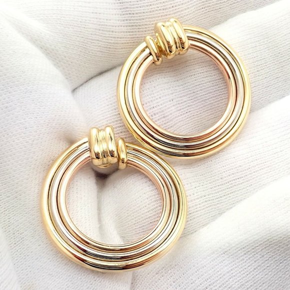 Authentic! Cartier 18k Tri-Color Gold Large Trinity Hoop Earrings - Picture 8 of 12